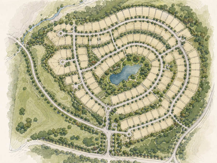 Residential concept plan example with streets, lots, and water feature