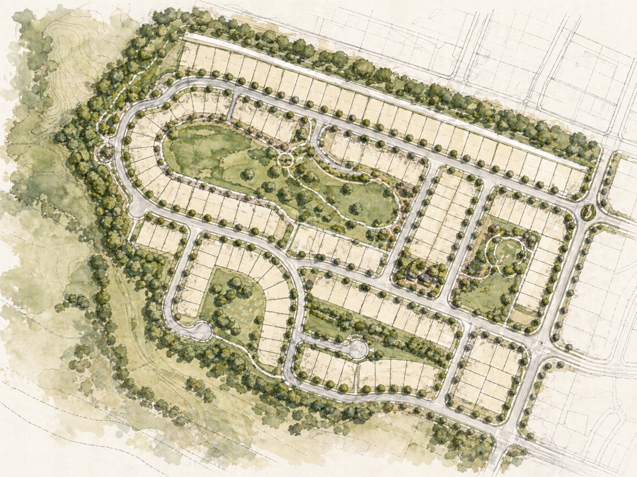 Residential community concept plan example with curved streets and pond